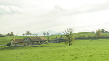 Fototapeta na wymiar Green countryside village landscape at Autumn in Switzerland