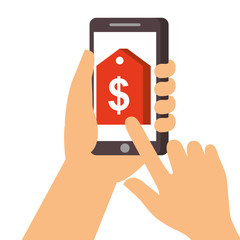hand holding smartphone with price tag sale discount online vector illustration