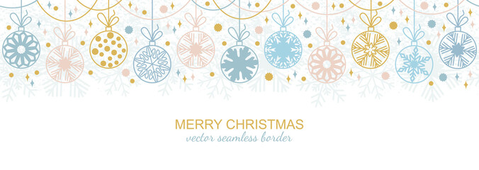 Seamless snowflake border decoration isolated on white background, Christmas design. Vector illustration, merry xmas flake header or banner, wallpaper or backdrop decor