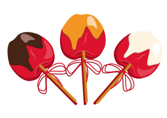 Red apple in caramel and chocolate and sweet sprinkles with stick in it. Simple vector illustration on white background. Merry Christmas and New Year Holiday. Eps 10.
