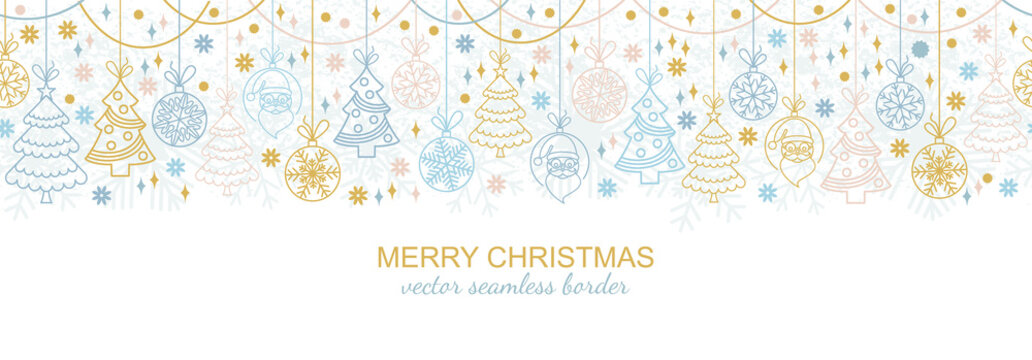 Seamless snowflake border  festive decoration isolated on white background, Christmas design. Vector illustration, xmas ornament, snow flake header or banner