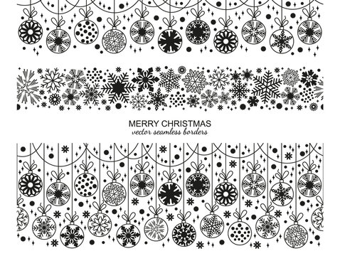 Seamless snowflake border set, white background, Christmas selection. Vector illustration, merry xmas flake header or banner, wallpaper or backdrop decor
