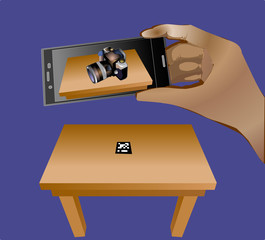 Fototapeta premium Vector illustration on the theme of augmented reality. Hand with a smartphone aimed at the table with a hologram camera.