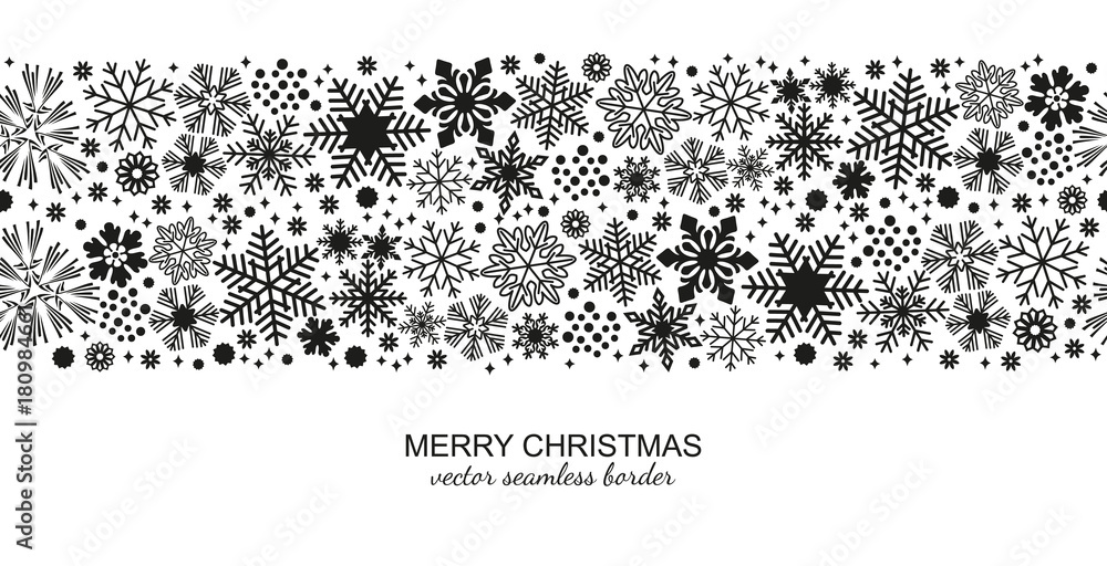 Canvas Prints monochrome seamless snowflake border isolated on white background, christmas design for postcard or 