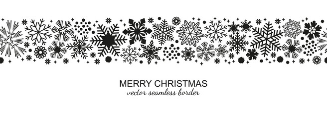 Naklejka premium Black and white seamless snowflake border, Christmas design for greeting card. Vector illustration, merry xmas snow flake header or banner, wallpaper or backdrop decor