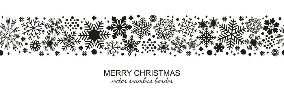 Black and white seamless snowflake border, Christmas design for greeting card. Vector illustration, merry xmas snow flake header or banner, wallpaper or backdrop decor