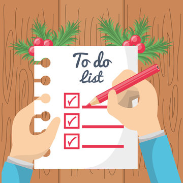 hands with christmas to do list icon over wooden background colorful design vector illustration