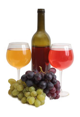 Bottle glass of wine and grapes on white background