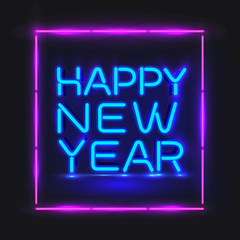 Happy New Year Blue neon. Vector illustration. Isolated on gray background