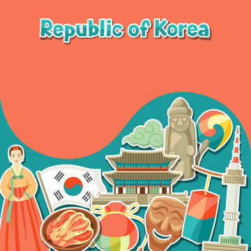 Korea background design. Korean traditional sticker symbols and objects