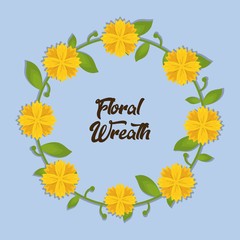 decorative wreath with yellow flowers over blue background colorful design vector illustration