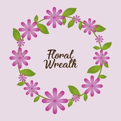 Fototapeta na wymiar decorative wreath with leaves and pink flowers icon over pink background colorful design vector illustration