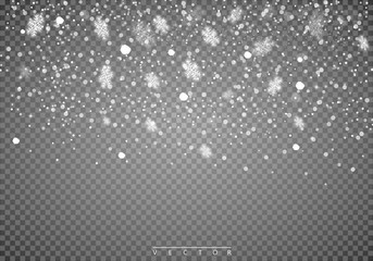 Falling snow on a transparent background. Abstract snowflake background. Fall of snow. Vector illustrator 10 EPS.