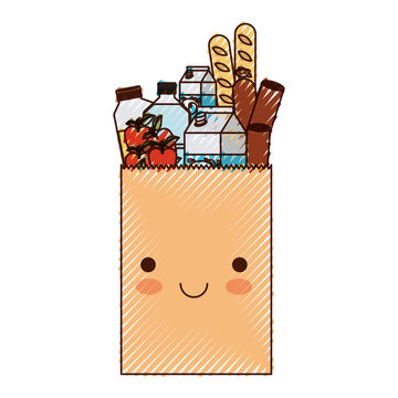 kawaii rectangular paper bag with foods sausage and bread apples and drinks orange juice and water bottle and milk carton in colored crayon silhouette vector illustration