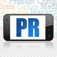 Marketing concept: Smartphone with  blue text PR on display,  Tag Cloud background, 3D rendering