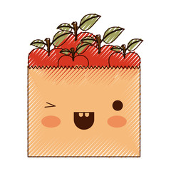 kawaii paper bag with apple fruits in colored crayon silhouette vector illustration