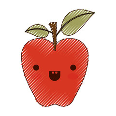 kawaii red apple with stem and leaves in colored crayon silhouette vector illustration
