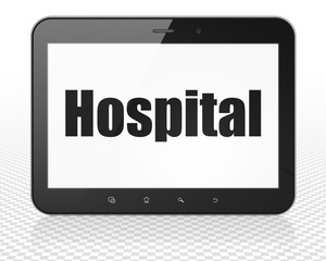 Health concept: Tablet Pc Computer with black text Hospital on display, 3D rendering
