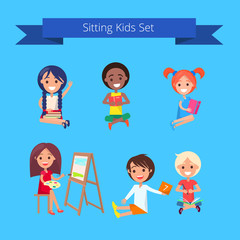 Sitting Kids Set Illustration on Light Blue