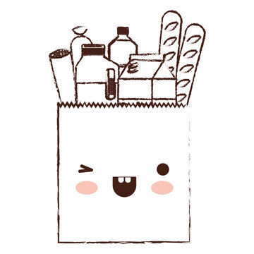 kawaii square paper bag with foods sausage bread and drinks juice and water bottle and milk carton in brown blurred silhouette vector illustration