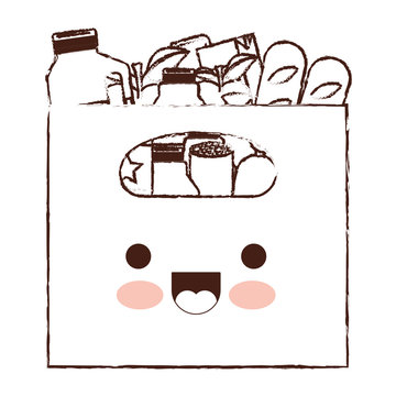 kawaii big paper bag with handle and foods sausage and bread apples and drinks orange juice and water bottle and lacteal in brown blurred silhouette