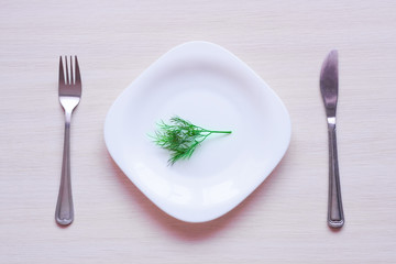 Hard dieting concept. White serving plate with only one green bush of dill. Starving and lose weight concept
