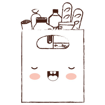 kawaii square paper bag with handle and foods sausage bread and drinks juice and water bottle and milk carton in brown blurred silhouette
