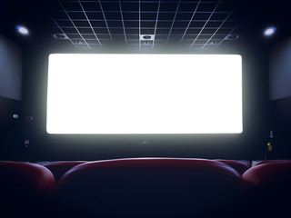 cinema interior of movie theatre with empty red seats with copyspace on the screen and glow on edge, concept of recreation and entertainment