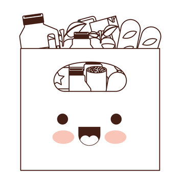 kawaii big paper bag with handle and foods sausage and bread apples and drinks orange juice and water bottle and lacteal in brown silhouette