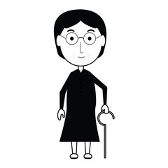 cartoon elderly woman with a walking stick icon over white background vector illustration