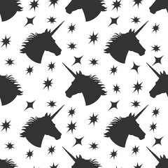 Black unicorn silhouette with stars seamless pattern