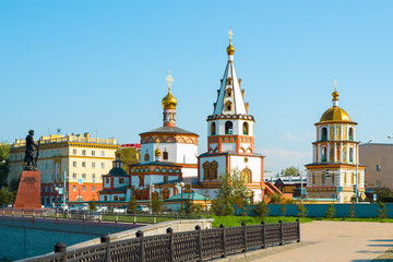 View of the Cathedral of the Epiphany and the monument to the founders of Irkutsk 