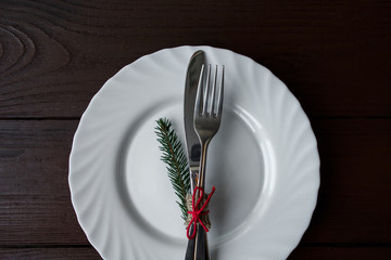 Winter menu setting, cutlery and fir near plate and copyspace. Ideal for new seasonal winter menu