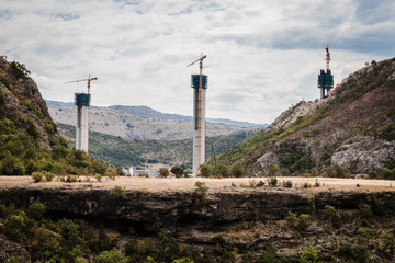 Tower crane with mountain bridge construction, Montenegro