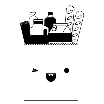 kawaii square paper bag with foods sausage bread and drinks juice and water bottle and milk carton in black silhouette
