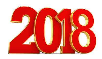 New year inscription gold and red 2018 on a white background. 3d rendering.