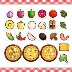 Vector - Pizza constructor flat icons isolated on white background. Pizza ingredient food menu illustration isolated collection isolated on white. Different veagn meat seafood
