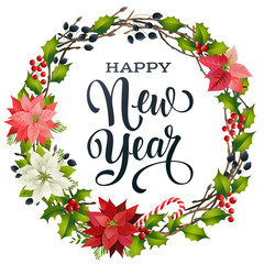 Happy New Year lettering banner for web or social media. Holiday greeting card template. Wreath, frame of winter plants, candy cane and branches isolated.