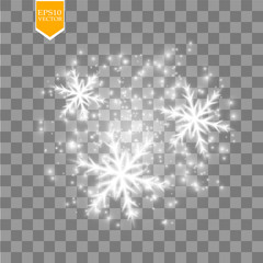 Shine white snowflake with glitter isolated on transparent background. Christmas decoration with shining sparkling light effect. Vector