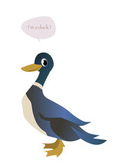 Cute duck isolated on white background and speech balloon. Vector Illustration