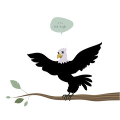 Cute bald eagle with wings outstretched on a branch and speech balloon. Vector Illustration