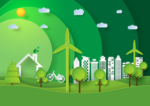Eco green city.Save the world and environment conservation concept.Urban landscape for green energy paper art style.Vector illustration.