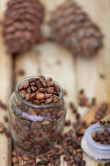 Nuts on a wooden table