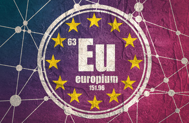 Europium chemical element. Sign with atomic number and atomic weight. Chemical element of periodic table. Flag of the European Union. Connected lines with dots.