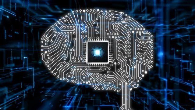 4K animation Brian and print Circuit board with dot moving on line for futuristic cyber concept