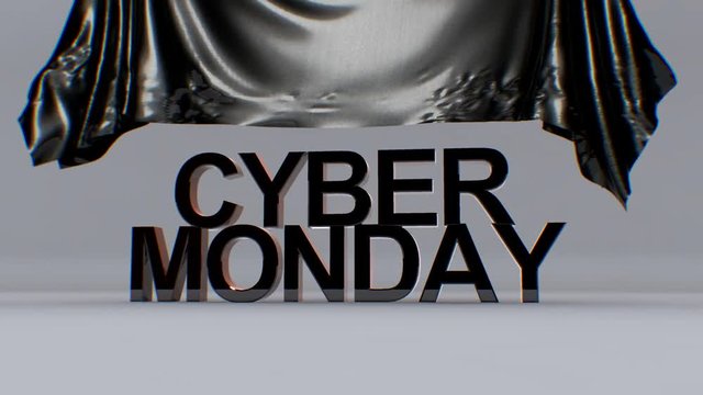 4k Satin black cloth is lifter up to reveal the text "Cyber Monday".