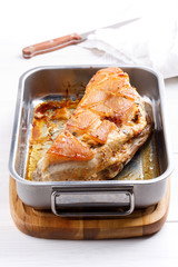 Roasted pork brisket. Grilled pork ribs. Skin on.