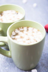 Two cup of hot coffee or chocolate and cake with marshmallow on grey background. Closeup.