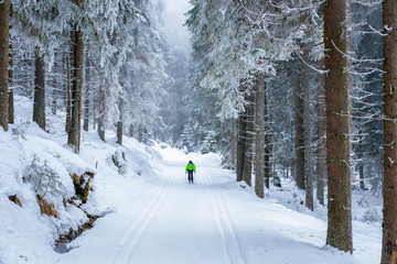 Young woman is cross-country skiing. Active winter. Active recreation. Amateur sport.