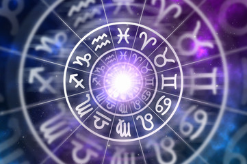 Astrological zodiac signs inside of horoscope circle